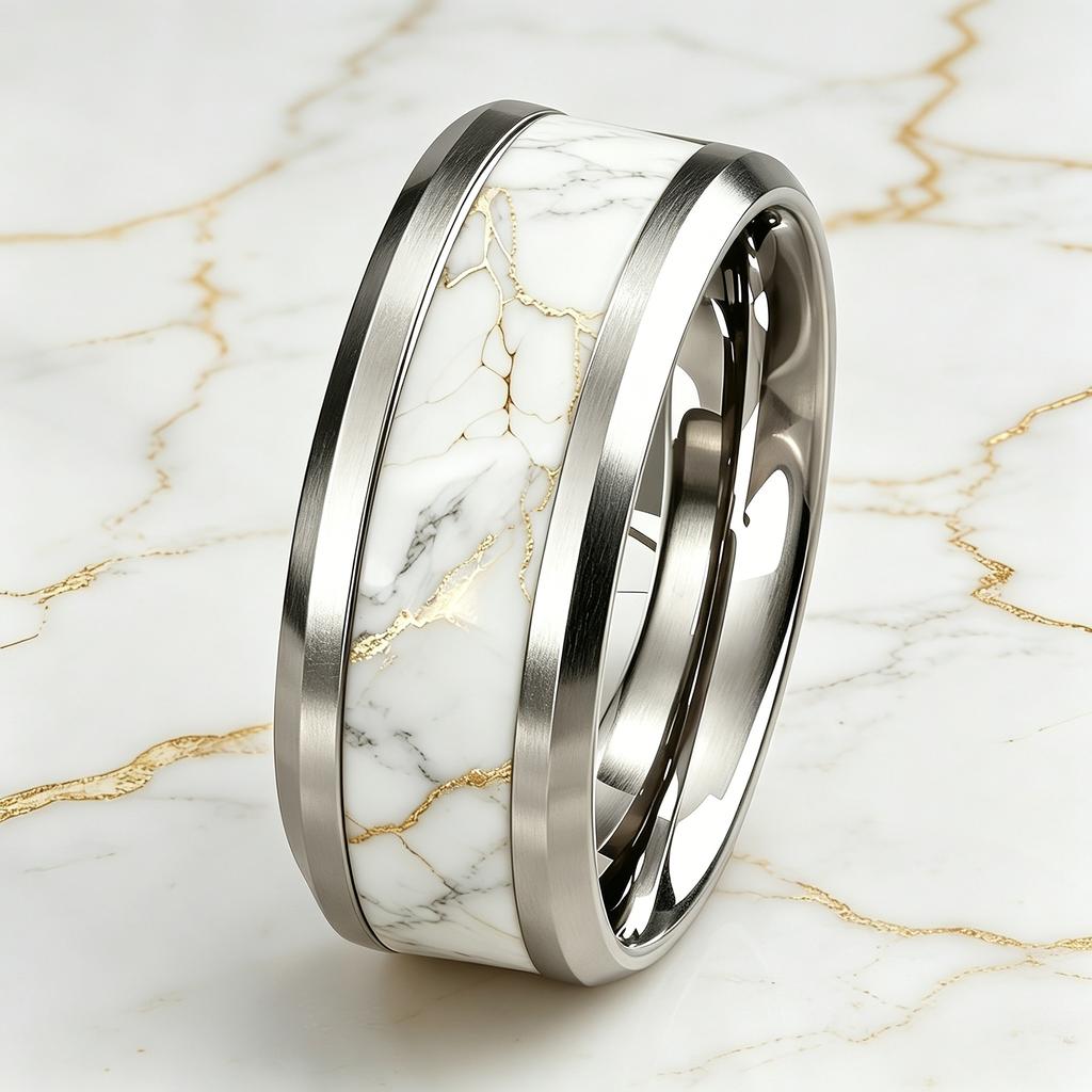 Luxury Sky Blue Turquoise & Golden Marble Pattern Ring Stainless Steel Rings For Women Men Wedding Jewelry Valentine's Day Gifts