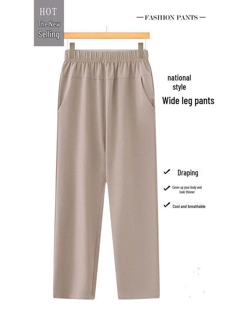 New Style High-Waisted Summer Cropped Mom Pants - Elastic Waist, Straight Leg, with Pockets for Middle-Aged and Elderly
