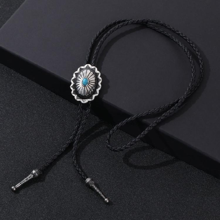 5Pcs Western Cowboy Vintage Flower Stone Pendant Bolo Tie Braided Leather Rope Cord Necktie Necklace Jewelry Neckwear