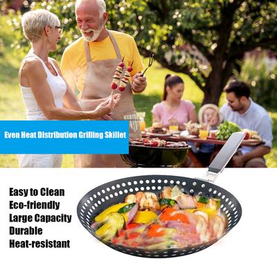 Non-stick Metal Grilling Skillet with Folding Wooden Handle Grill Skillet Pan with Holes Removable