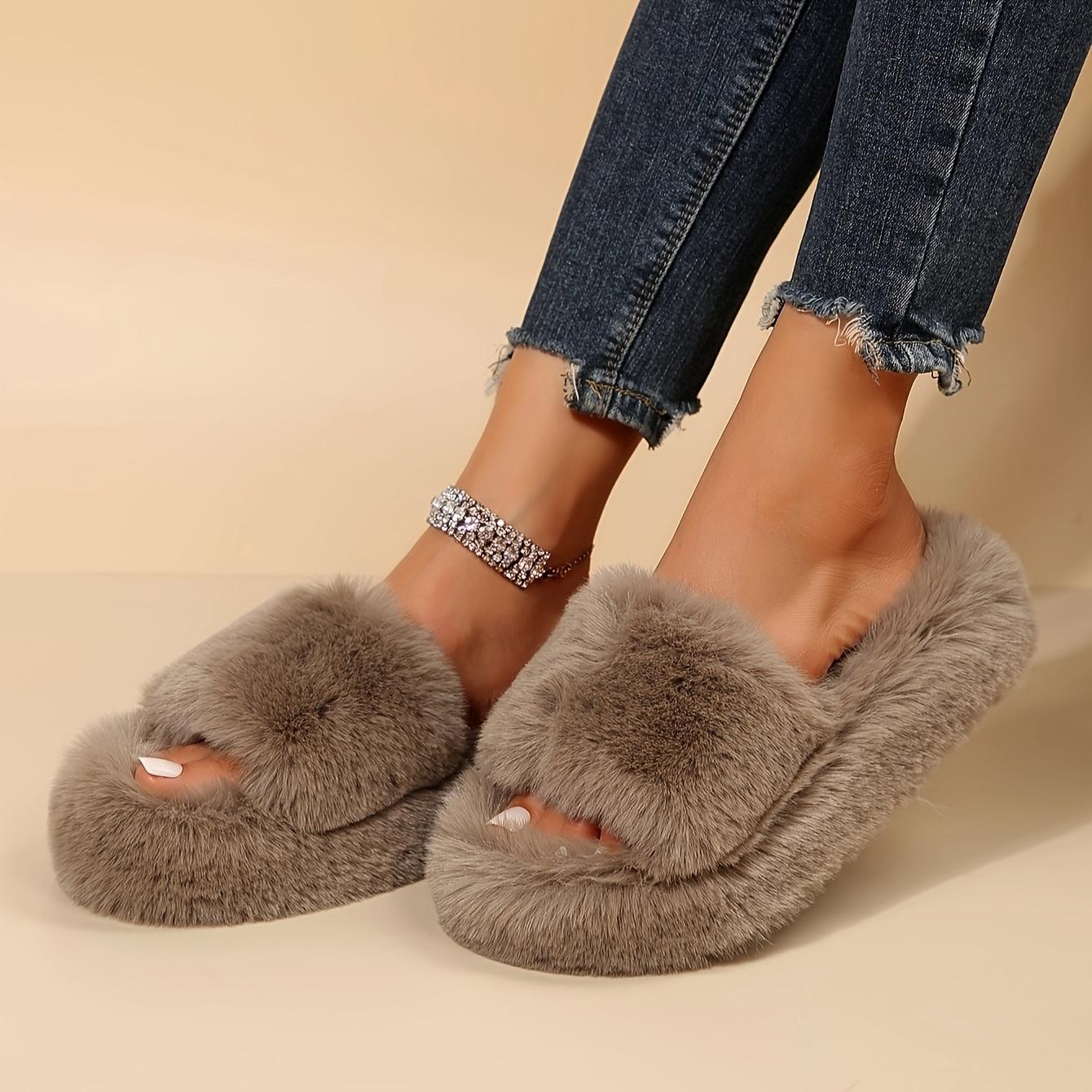 

2025 Зимние пушистые тапочки на платформе, однотонные, с открытым носком, уютные плюшевые туфли, домашние/уличные, пушистые теплые тапочки, сандалии большого размера 40 верблюд