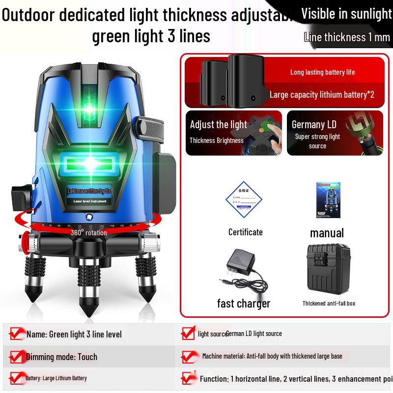 High-Precision Outdoor Laser Level with Green/Blue Light, 2/5 Lines, Automatic Leveling