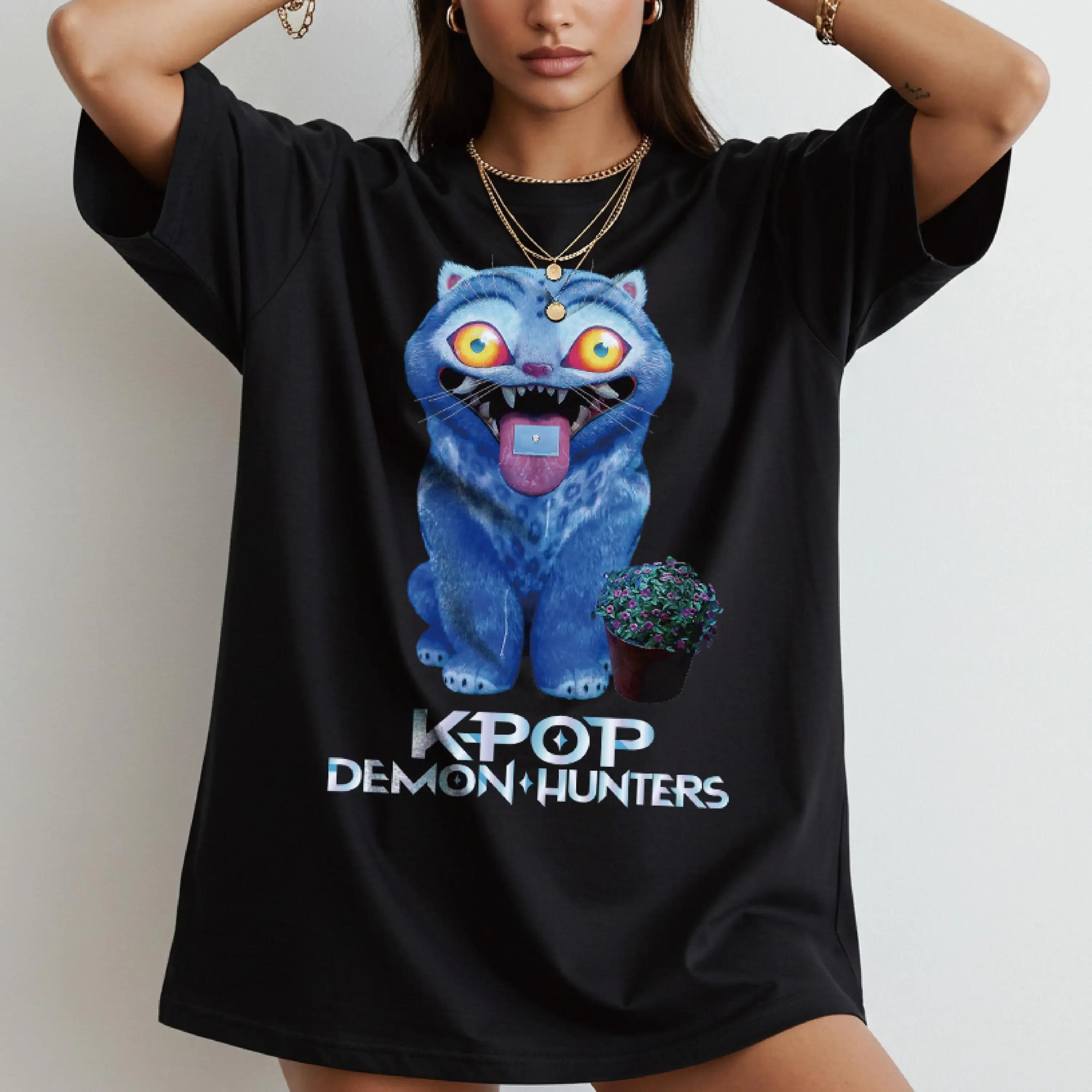 

New Summer Vintage KPop Demon Hunters Tiger T-shirts for Men Harajuku Cute Round-neck Heavy T-shirts Oversize Unseix Tee Top S