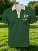 Men's Outdoor Short-Sleeve Polo Shirt with Button Design, Green Base with Small Chest Print, Casual Lapel Top, Vintage Style, Regular Fit, Polyester