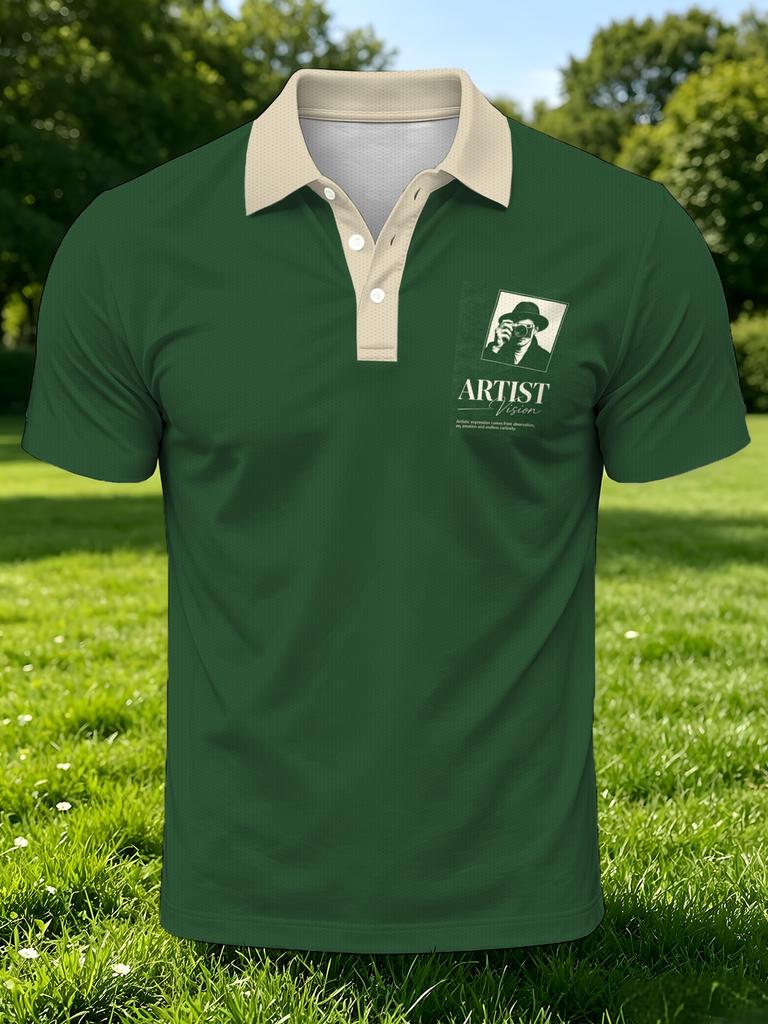 Men's Outdoor Short-Sleeve Polo Shirt with Button Design, Green Base with Small Chest Print, Casual Lapel Top, Vintage Style, Regular Fit, Polyester