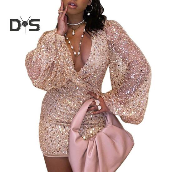 

Женское сексуальное облегающее платье с пайетками, прозрачное мини-платье с длинным рукавом и глубоким V-образным вырезом, блестящее вечернее платье для ночных клубов S абрикосовый
