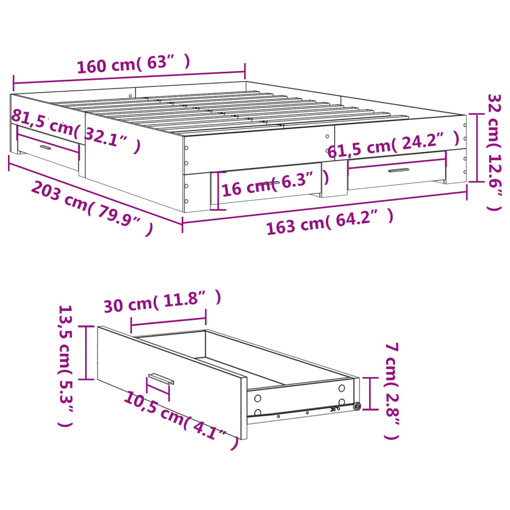 Bed Frame with Drawers Smoked Oak 160x200 Cm Wood Based Material