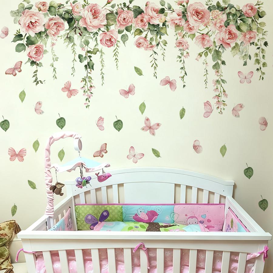 Pink Rose Butterfly Wall Stickers For Girl's Bedroom Living Room Decor Removable Peel And Stick Spring Summer