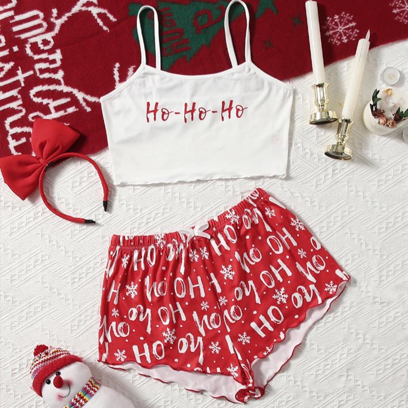 Women's Christmas Pajama Set: Snowflake & Deer Camisole Tank Top with Shorts
