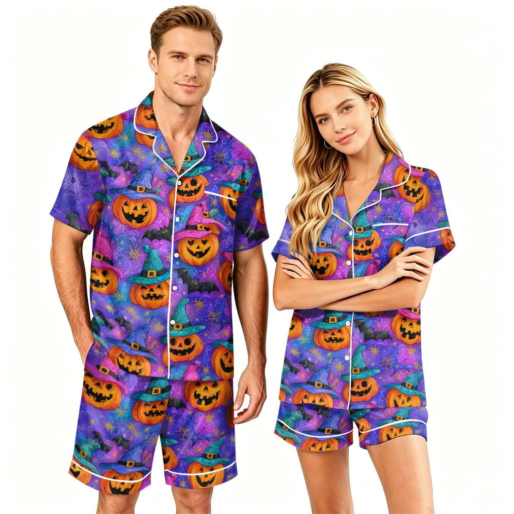 Couple Matching Halloween Pajama Set Short Sleeve Button Down Shirt with Curved Hem and Shorts Soft Casual Sleepwear S-XXXXL