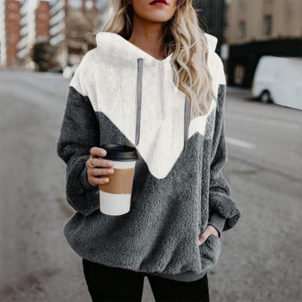 Women Hooded Sweatshirt Patchwork Winter Warm Wool Zipper Pockets Cotton Outwear