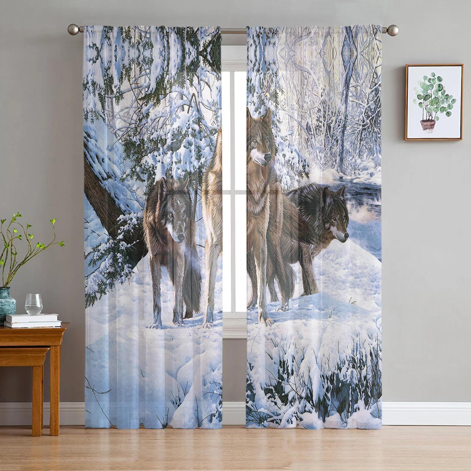 

Волк Лес Животное Прозрачные Шторы для Украшения Гостиной Тюль Вуаль Органза Оконные Шторы для Кухни Спальни W135 x H115cm x1&Grommet Top