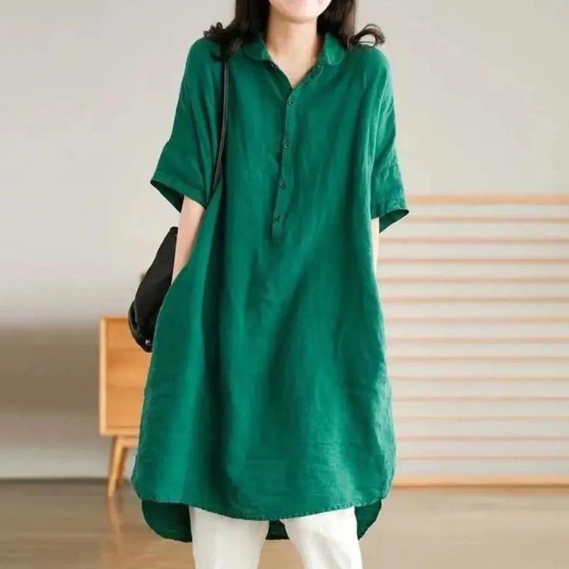 

Export Fashion Outer Order Retro Pure Cotton Short Sleeve Dress Women s 2025 Spring and Summer Pure Color Loose Casual Shirt Dress Green XL