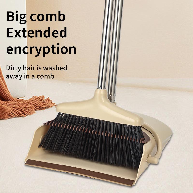 Family Upright Broom & Dustpan Set with Extra Long Handle for Indoor/Outdoor Use