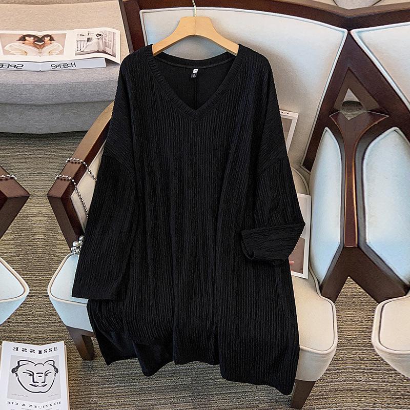 

Korean Style Plus Size V-neck Slimming Long Sleeve Wrinkled T-shirt for Women 6XL (Recommended weight 180-300 Jin) чорний