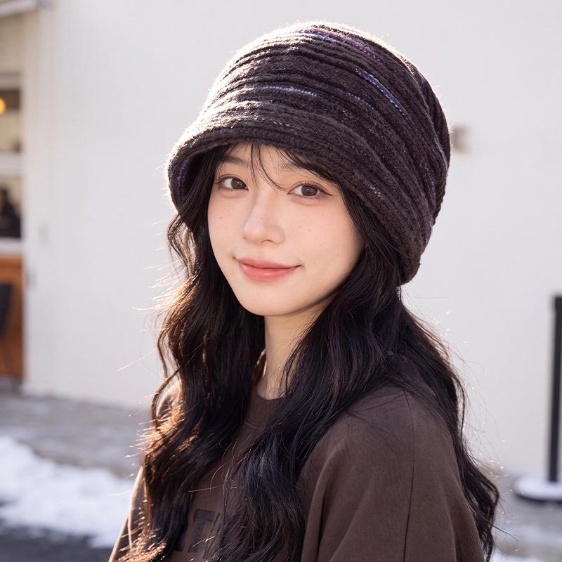 Lazy wind striped stack hat autumn and winter soft waxy warm knitted hat loose versatile windproof hat women's