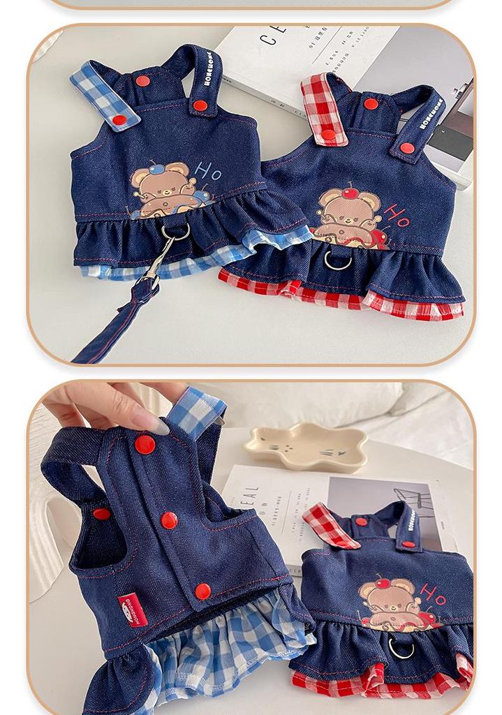 Plaid Denim Leash-Compatible Dog Skirt - Breathable Apparel for Pets