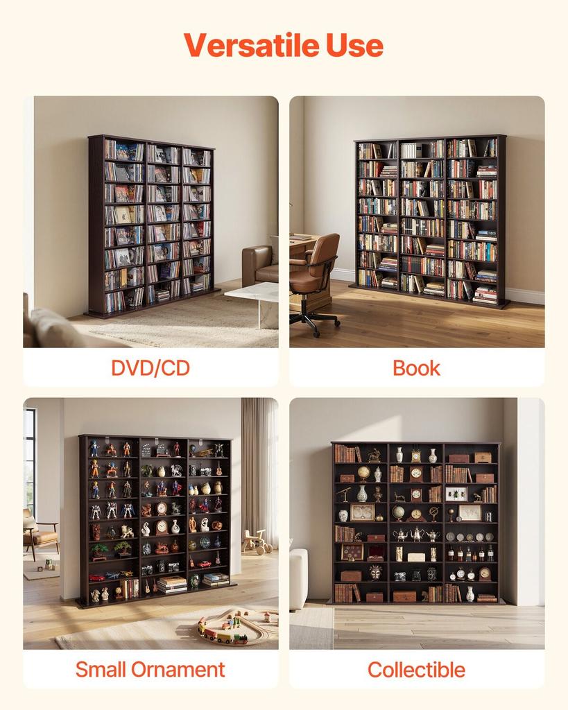 Media Storage Cabinet, 8-Tier DVD Shelf Organizer, 142 X 22 X 130 Cm Multimedia Storage Organizer for CDs, DVDs, Books & Games, CD Shelf for Living