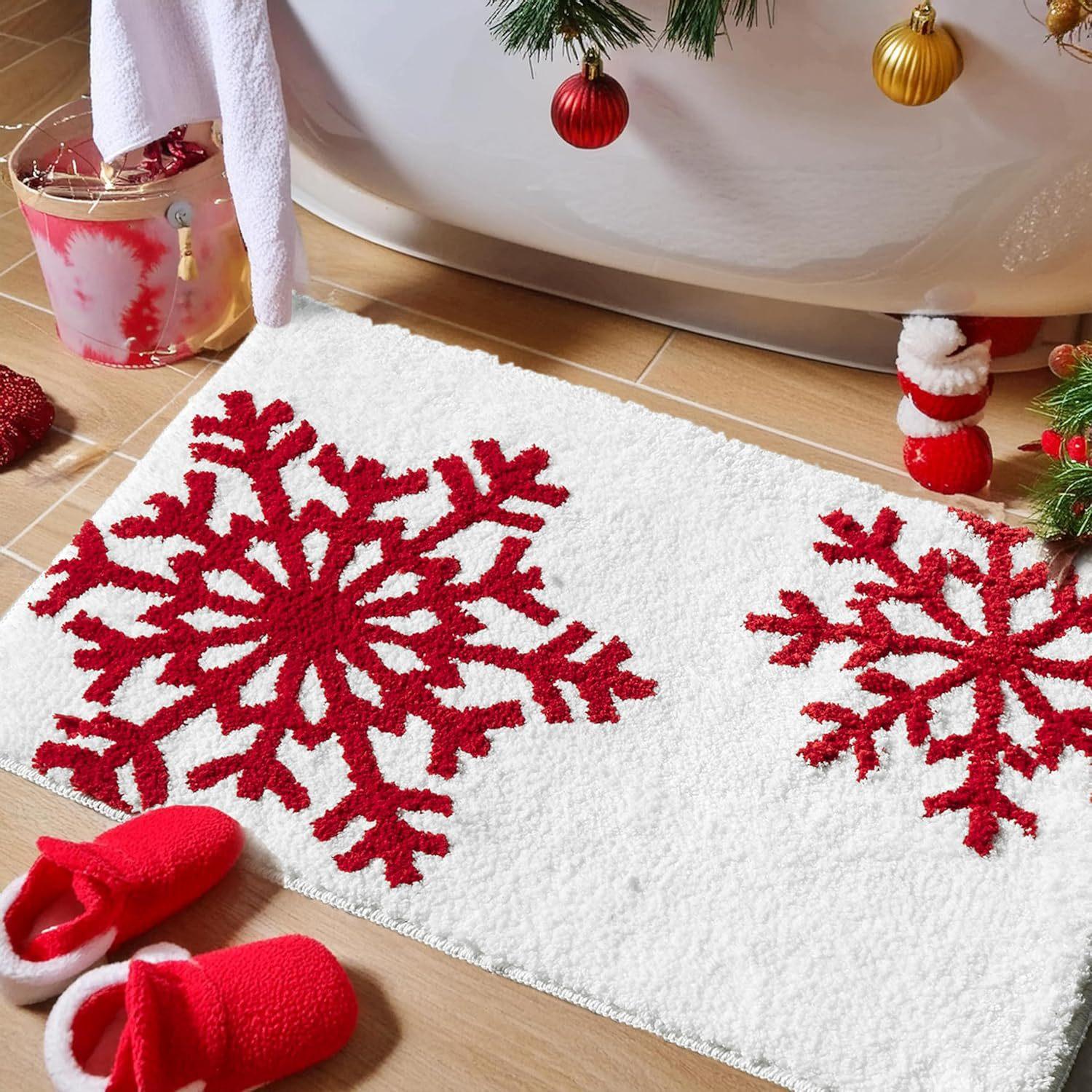 

Festive Christmas Bath Mat with SantaClaus&Snowflakes/Non-Slip Soft Polyester Bath Mat,Christmas Bathroom Decor Christmas Carpet 40x60cm