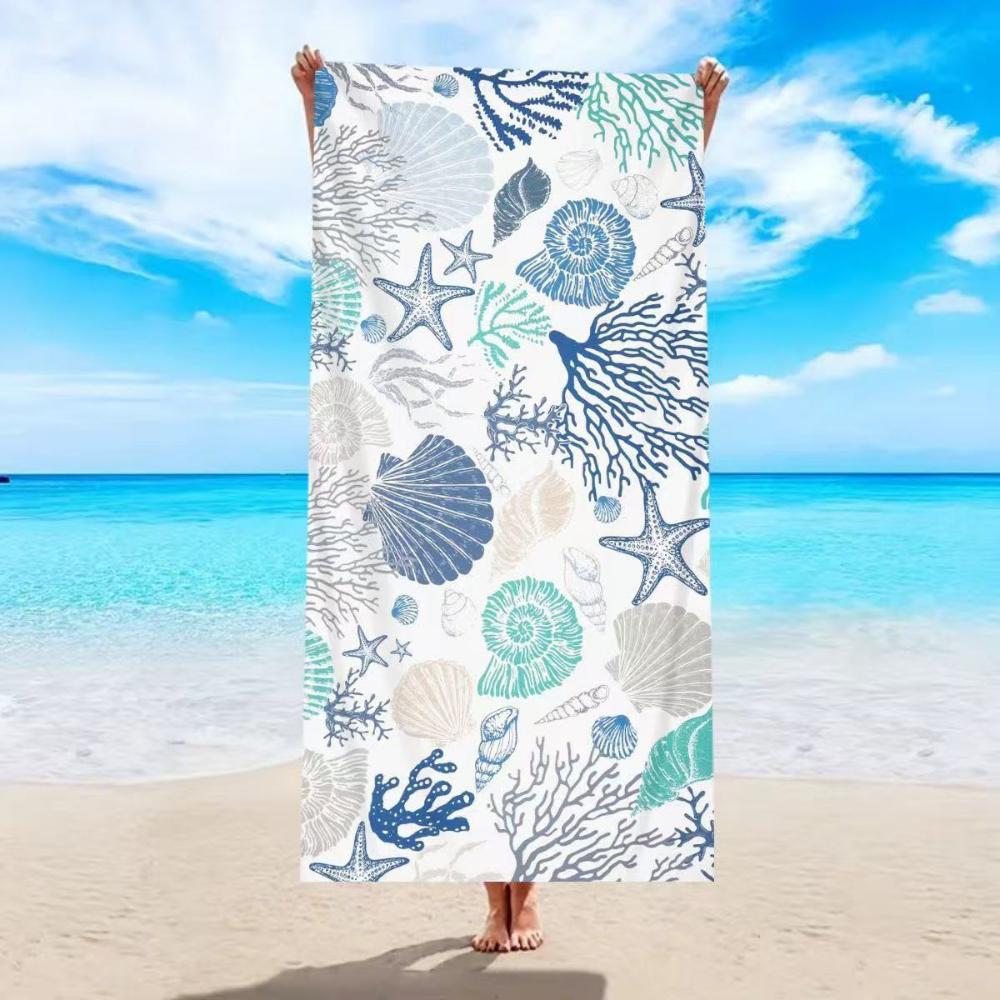 White Base Blue Teal Coral Seashell Starfish Print Beach Towel Quick Dry For Summer Beach Swimming Pool Camping Daily Trip