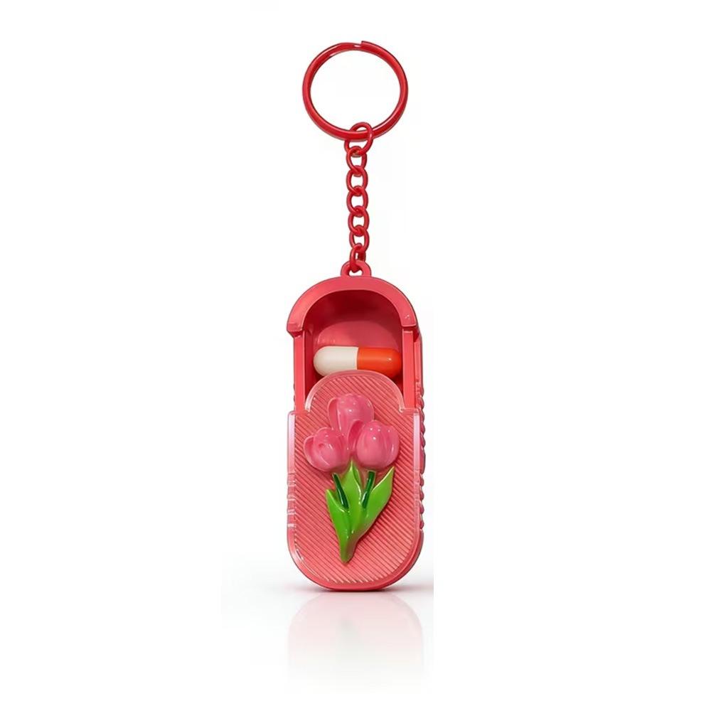 Tulip Pattern Portable Pill Case Waterproof Mini Pill Box Keychain Pill Organizer Travel