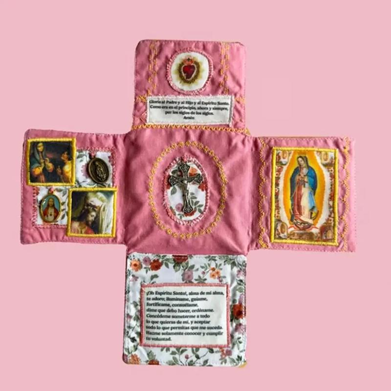 Handcrafted Pocket Shrine with Cross Included Inside,Faith Cross-Shaped Fabric Pouch Sewing Pocket with Saint Images Prayers