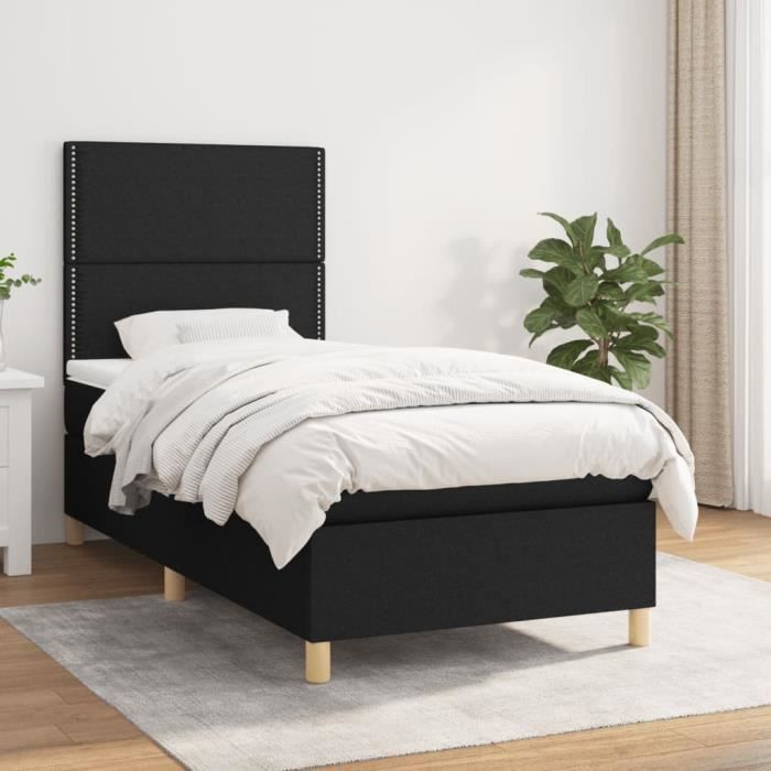 3142227 vidaXL Lit à sommier tapissier avec matelas Noir 90x200 cm Tissu