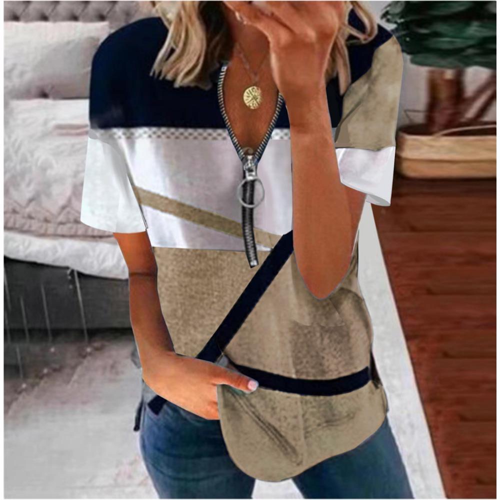 EastRogue Women's Fashion Casual Summer Print Short Sleeve Zip Collar Loose Blouses & Shirts