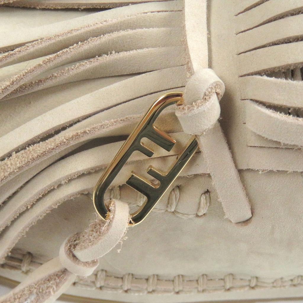 Fendi Loafers Olock FF Logo Gold Metal Fringe Beige Nubuck Leather Mens 7 7P1589 Used