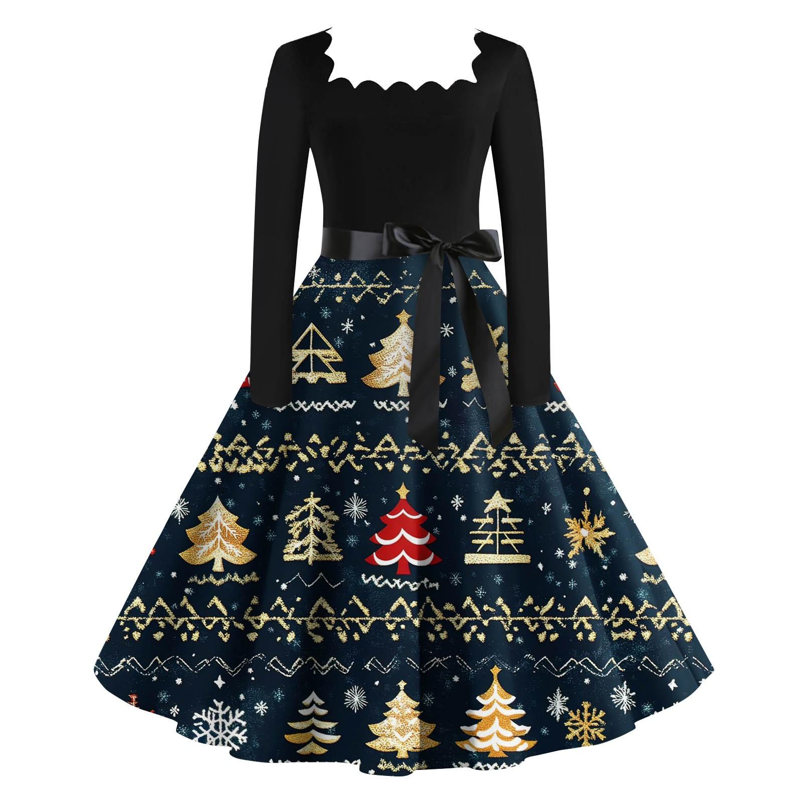 

Жіночі повсякденні модні вінтажні довгі сукні з різдвяними графічними принтами з довгими рукавами XXXL Темно-синій