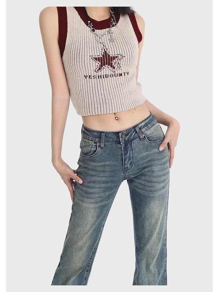 Women's 2024 American Retro Low-Waist Flared Jeans - Slim Fit, Wide Leg, Elastic, Mopping Style