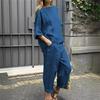 Damen 2-teiliges Leinen-Outfit-Set Bootausschnitt Halbarm Taschen-Oberteile Weite Cropped-Hosen Lässiger Sommer-Loungewear-Anzug