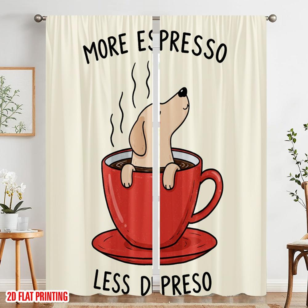 2pcs 2D Flat Printing Window Curtains More Espresso Less Depresso Fabric Without Electricity Festive Wall Decor for Holiday
