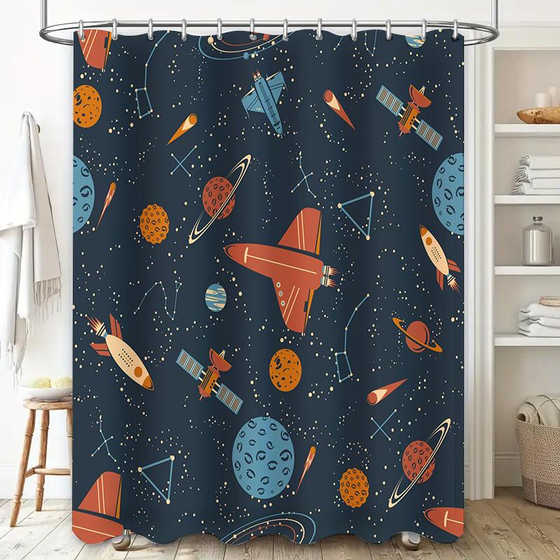 Space Adventure Shower Curtain Outer Space Decor for Bathroom Unique Astronaut and Rocket Design 180 x 240cm Waterproof Fabric S