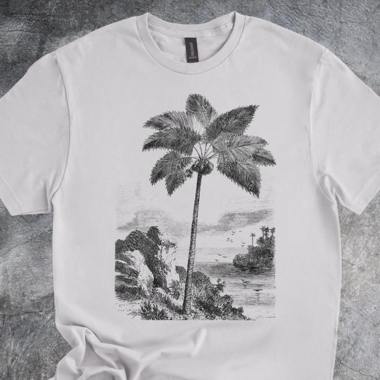 Palm Tree Shirt Tropical Shore Scene Landscape Coastal Island Art Detailed Ocean Tshirt Gray 140