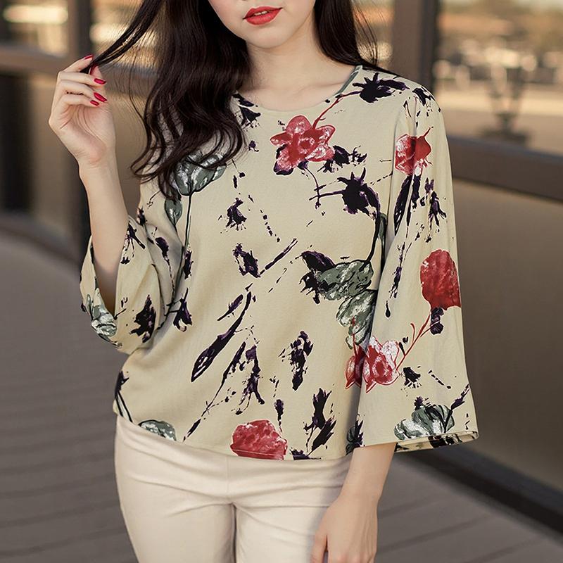 ZANZEA Women Casual Round Neck Summer 3/4 Sleeve Print Blouse