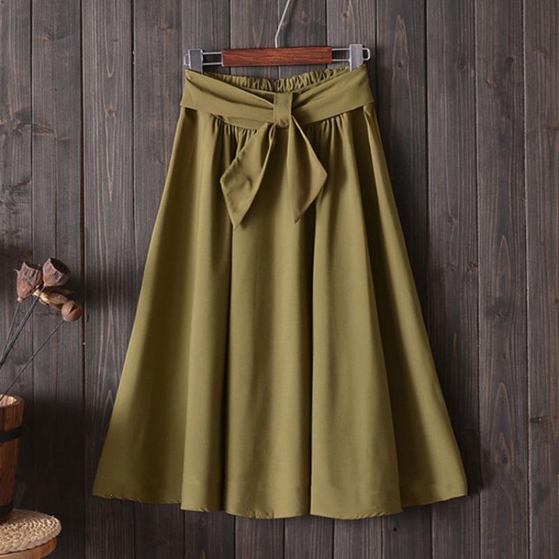 Lady's Elegant High Elastic Waist Pleated Skirts  Casual Bow Mid-calf Skirts