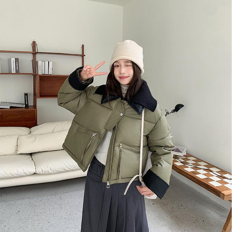 Knitted lapel short down cotton-padded jacket for women's winter thickened PU leather splicing cotton-padded jacket