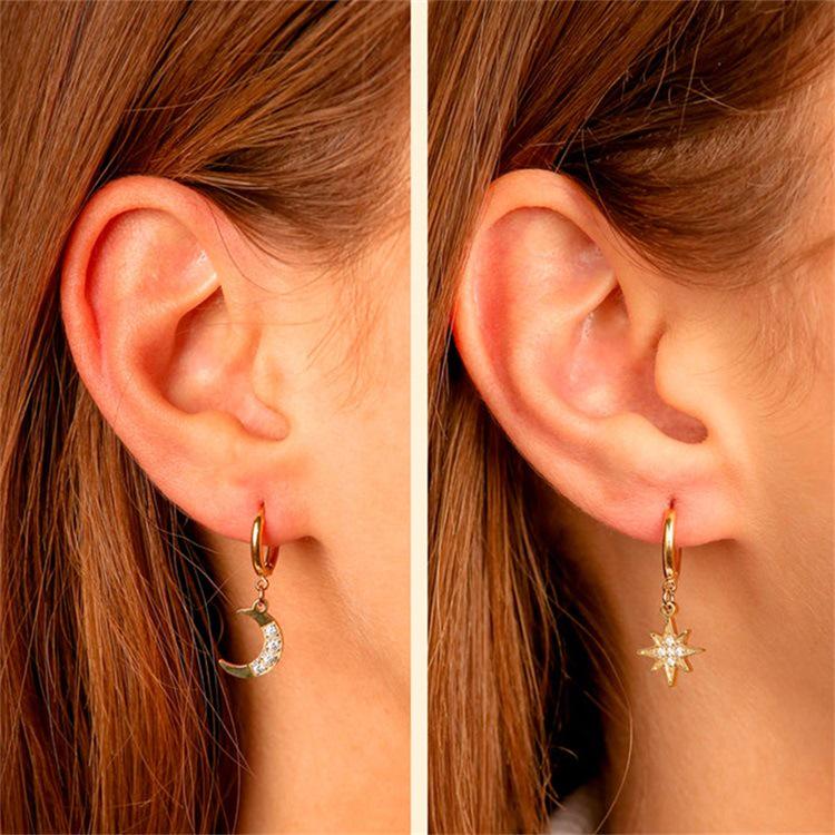 Asymmetrical Rhinestone Star and Moon Titanium Steel Earrings for Women