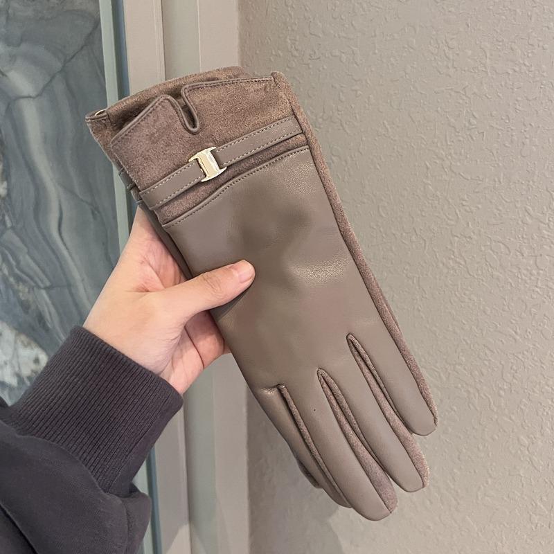 Leather Gloves Winter Women's Velvet Thickened Warm Windproof Cold Outdoor Riding Electric Car Can Be Five Fingers Tide