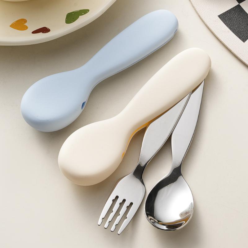 Food Safe Toddler Spoon and Fork Set Stainless Steel with Waterproof Silicone Storage Case for Kids School Lunch Use
