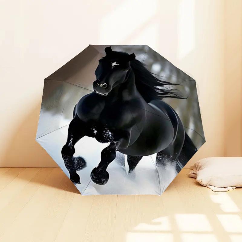 Black Horse In Snow: Automatic Opening/Closing Umbrella with Foldable Design, Ideal for Fans, Travelers, Daily Use, and Festive Gifts!112520