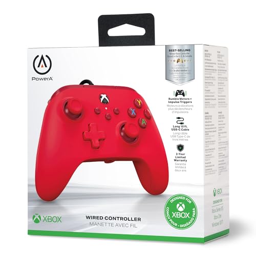 [2 Year Warranty] Powera Wired Controller Xbox Series X|s Xbox One Pc for Windows 10/11  Official Licensed  1519366-01 Red Double Vibration Function