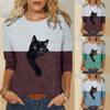 Casual Contrast Color Cat Print Long Sleeve T-Shirt for Women