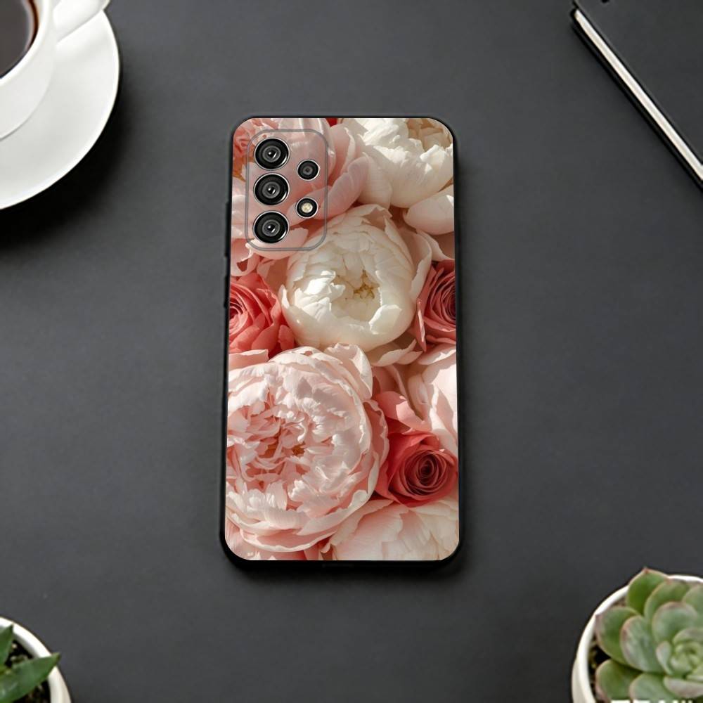 Elegant Peony F-Flower Phone Case Black Silicone Soft For Samsung S25,S24,S21,S22,S23,S30,Ultra,S20,Plus,Fe,Lite