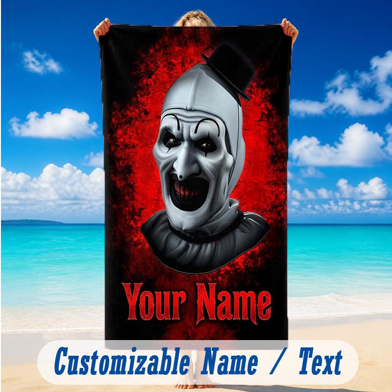 Beach Towel Custom Name Text, Quick Dry Large Towel For Beach HomeTerrifier Art the Clown