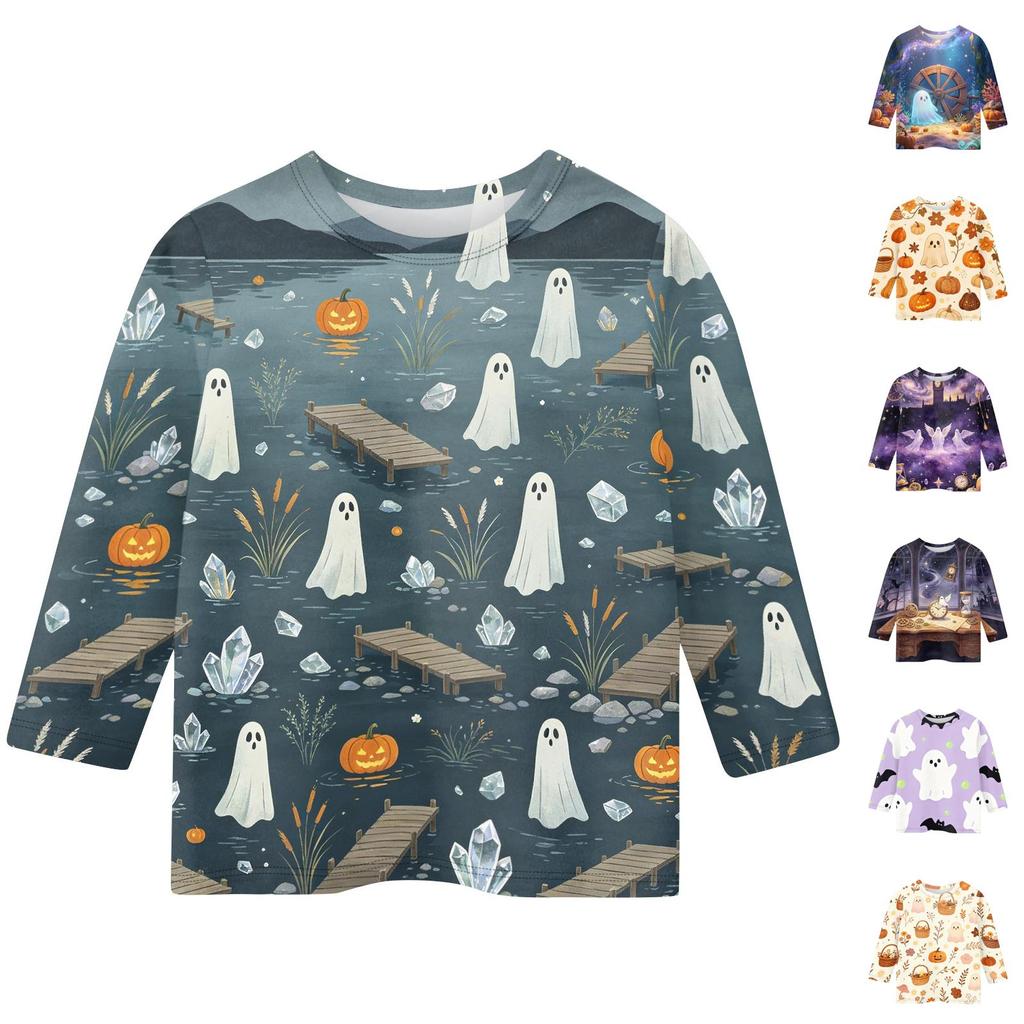 Kids Halloween Print Crew Neck Three Quarter Sleeve Casual T Shirt Top Boys Girls Comfortable Fit Soft Fabric Seasonal Wear