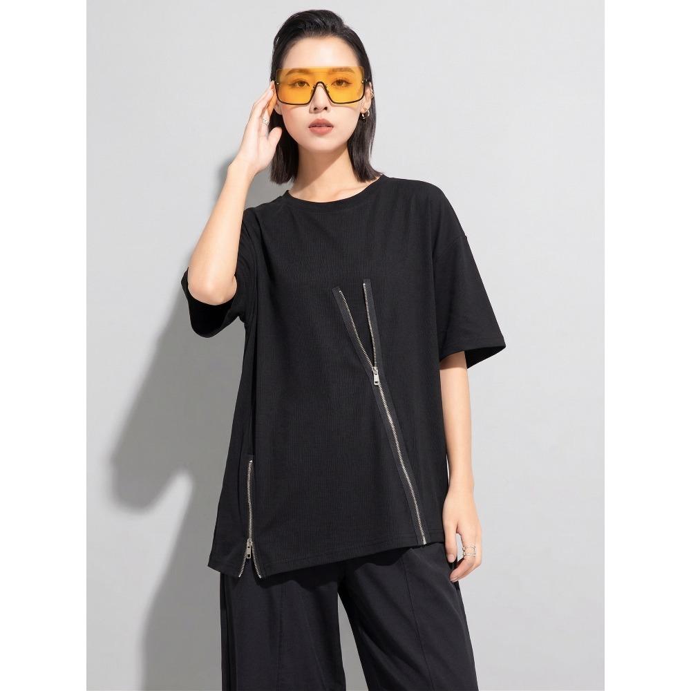 DIMANAF Women 2026 T-Shirt Zipper Female Solid O-Neck Cotton Loose Short Sleeve Tops&Tees