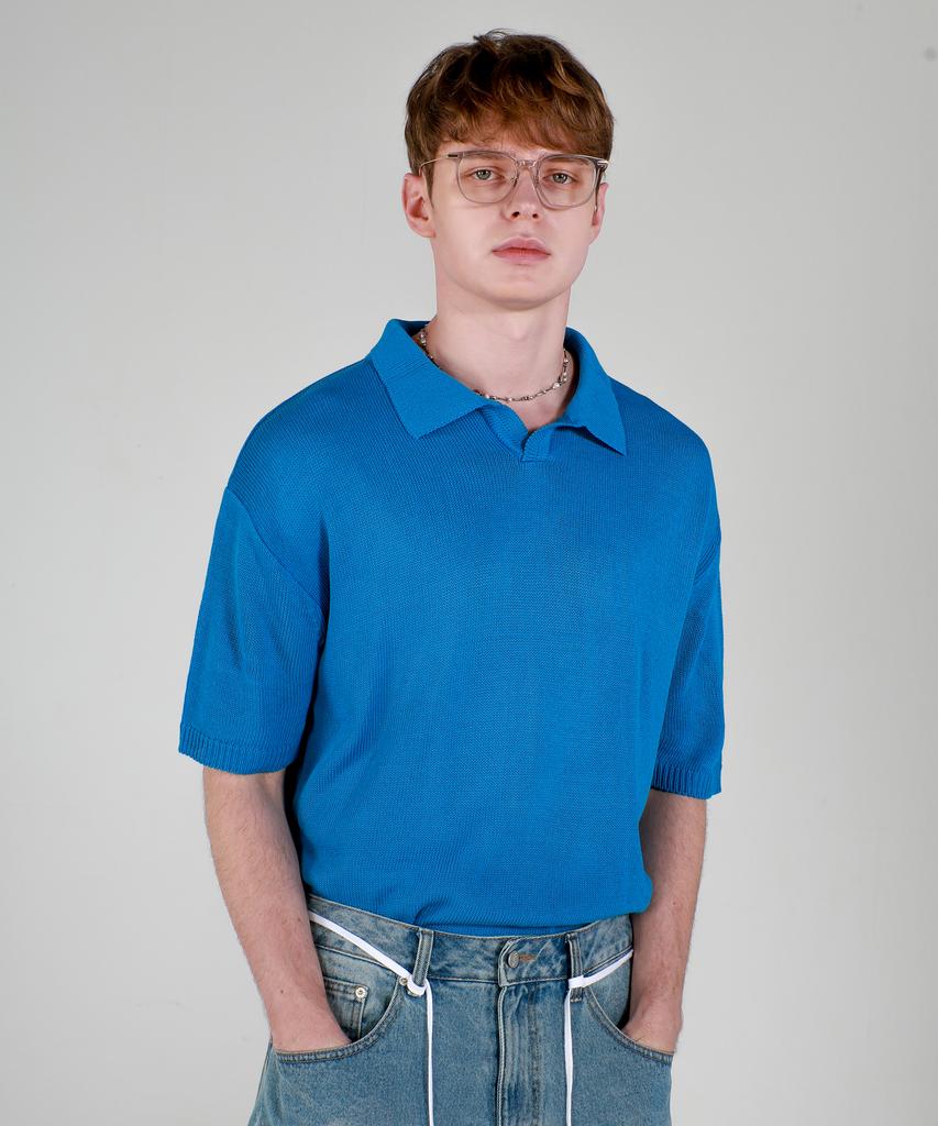 ESN Washable Collared Neck Short Sleeve Knit Blue
