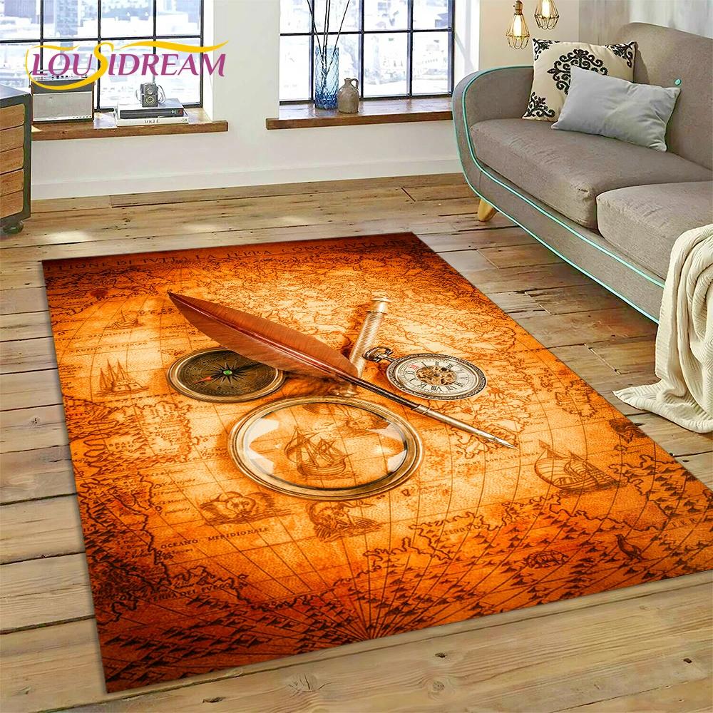 3D Starověká námořní mapa Mapa světa Kompas Koberec Kobereček do ložnice Obývacího pokoje Dekorace pohovky, Dětská hra Velká dekorační podložka na podlahu
